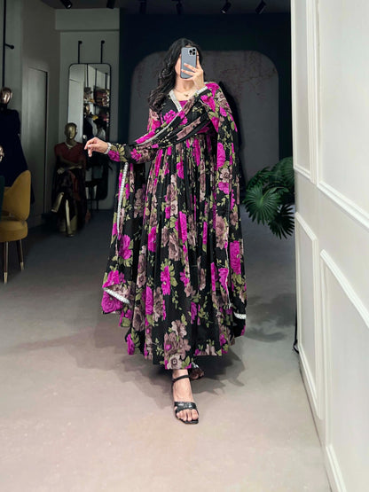 Georgette Floral Printed Gown with Mirror Lace Dupatta