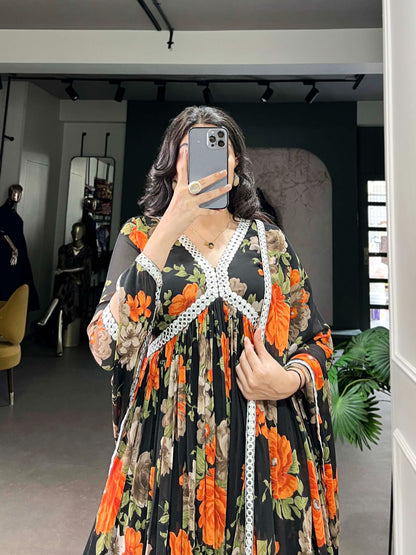 Georgette Floral Printed Gown with Mirror Lace Dupatta