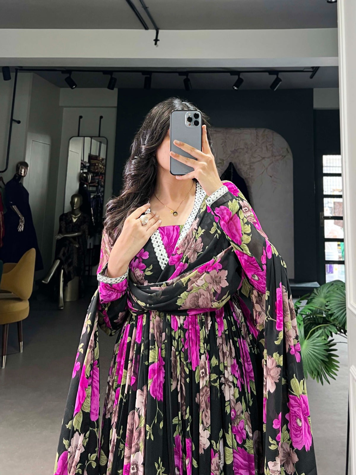 Georgette Floral Printed Gown with Mirror Lace Dupatta