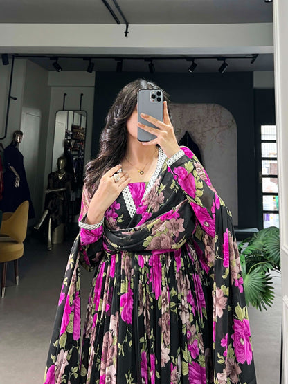 Georgette Floral Printed Gown with Mirror Lace Dupatta