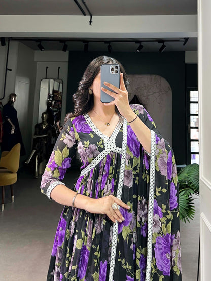Georgette Floral Printed Gown with Mirror Lace Dupatta