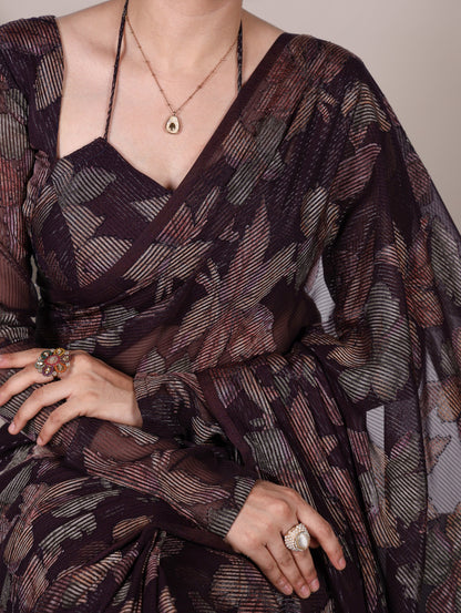 Chiffon Floral Print Saree with Lace Border & Banglory Plain Unstitched Blouse