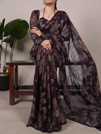 Chiffon Floral Print Saree with Lace Border & Banglory Plain Unstitched Blouse