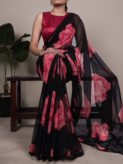 Chiffon Floral Print Saree with Lace Border & Banglory Plain Blouse