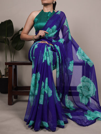 Chiffon Floral Print Saree with Lace Border & Banglory Plain Blouse