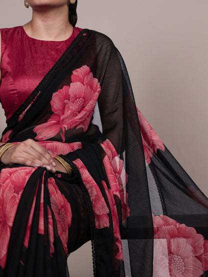 Chiffon Floral Print Saree with Lace Border & Banglory Plain Blouse