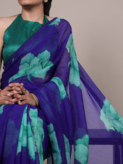 Chiffon Floral Print Saree with Lace Border & Banglory Plain Blouse