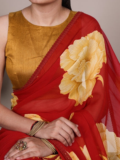 Chiffon Floral Print Saree with Lace Border & Banglory Plain Blouse