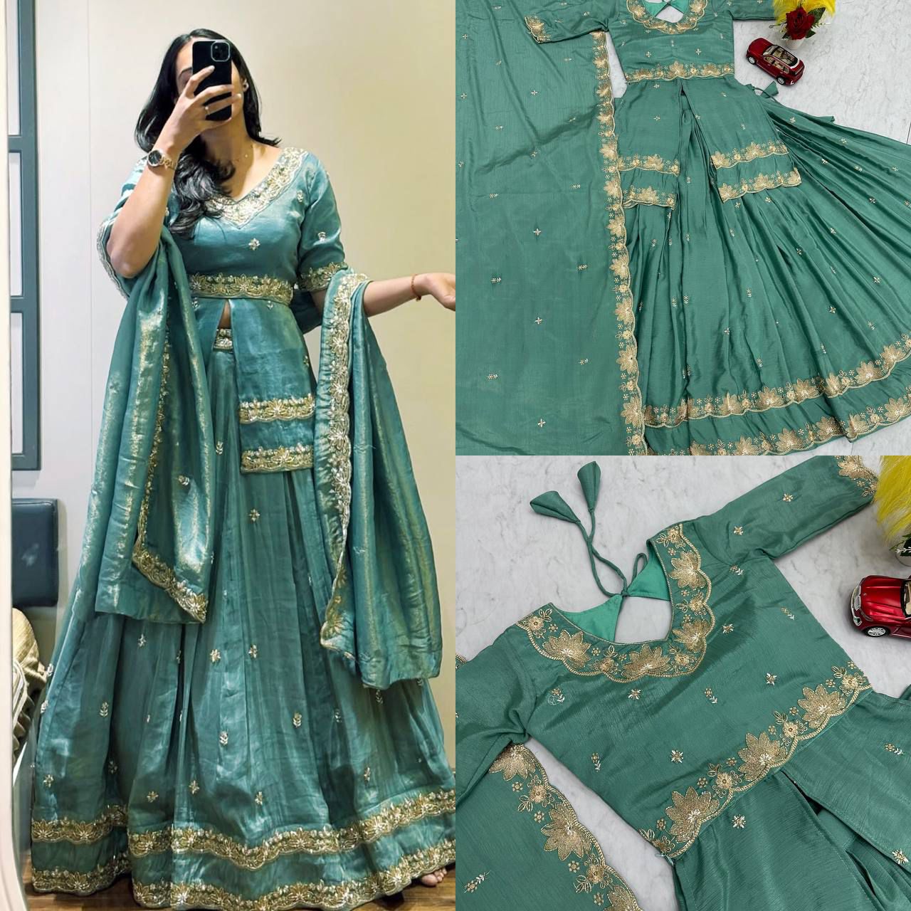 Fully Stitched Pure Tissue Simmer Lehenga Choli with Jacket Real Handwork & Diamond Work