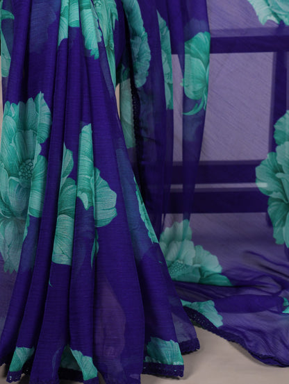 Chiffon Floral Print Saree with Lace Border & Banglory Plain Blouse