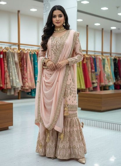 Heavy Chinon Embroidered Sharara Set