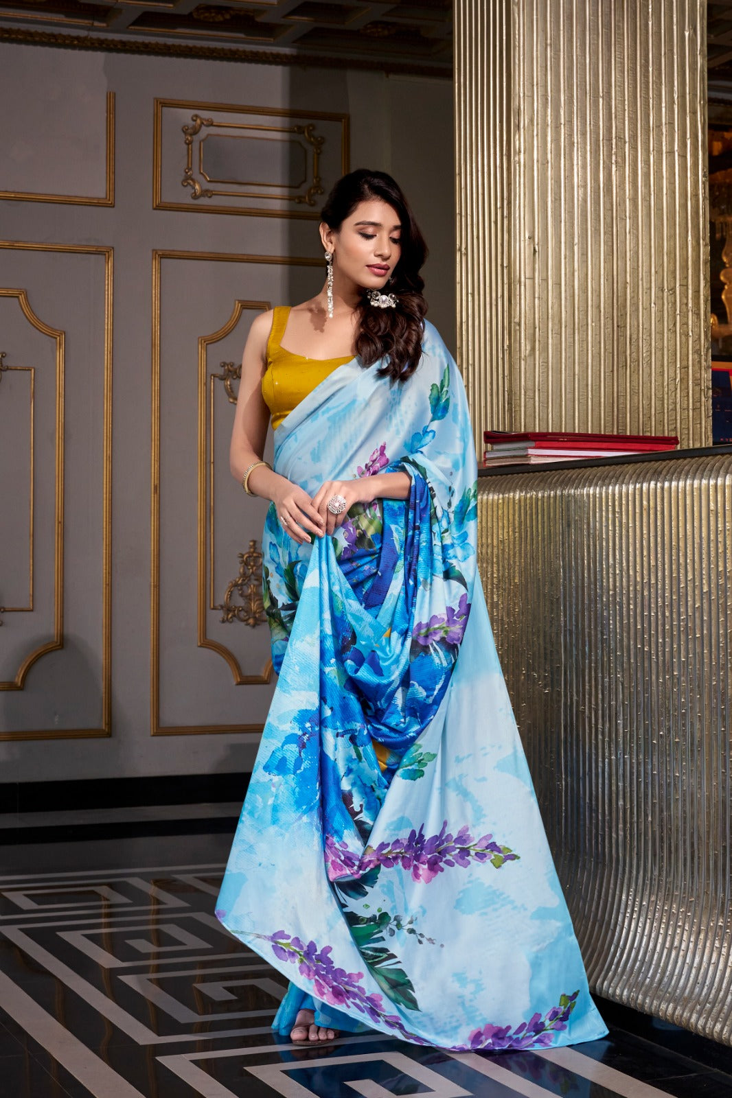 Satin Silk Printed Saree with Moonga Silk Hotfix Blouse