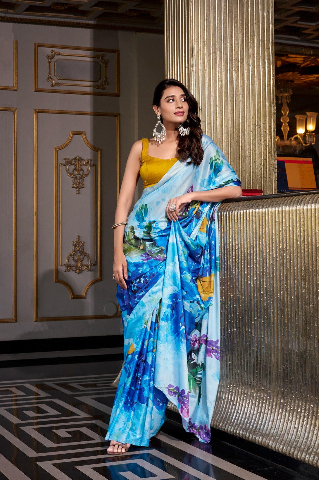 Satin Silk Printed Saree with Moonga Silk Hotfix Blouse