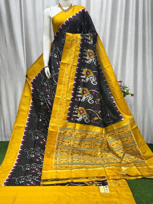 Pochampally Ikat Pure Silk Saree with Yellow Border and Elephant Motifs