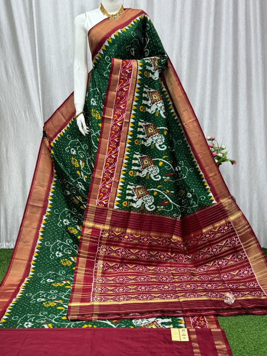 Pochampally Ikat Pure Silk Saree with Red Border and Elephant Motifs
