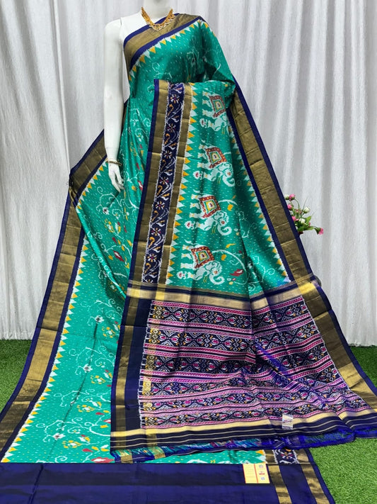 Pochampally Ikat Pure Silk Saree with Green Border and Elephant Motifs