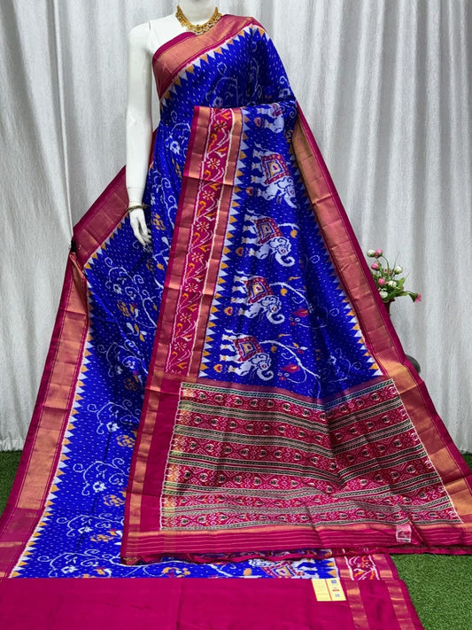 Royal Blue Pochampally Ikat Pure Silk Saree with Pink Border and Elephant Motifs