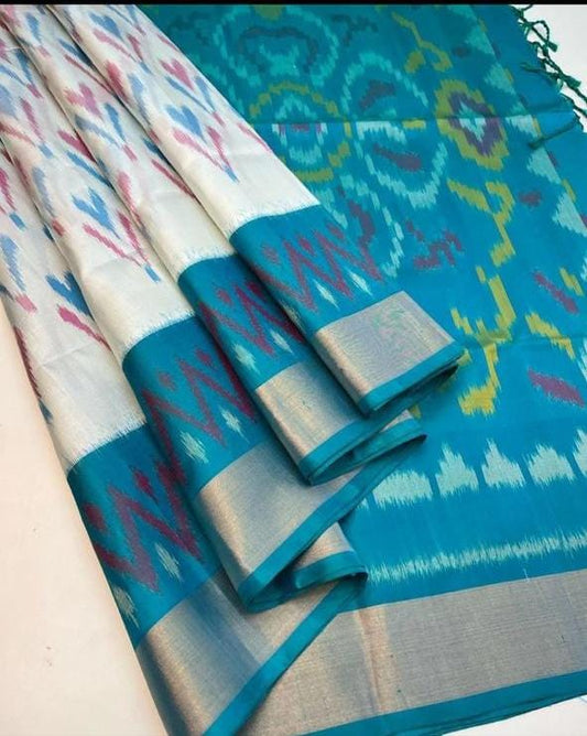 Multicolor Dola Silk Pochampally Designer Printed Saree With Unstitched Blouse Piece For Women