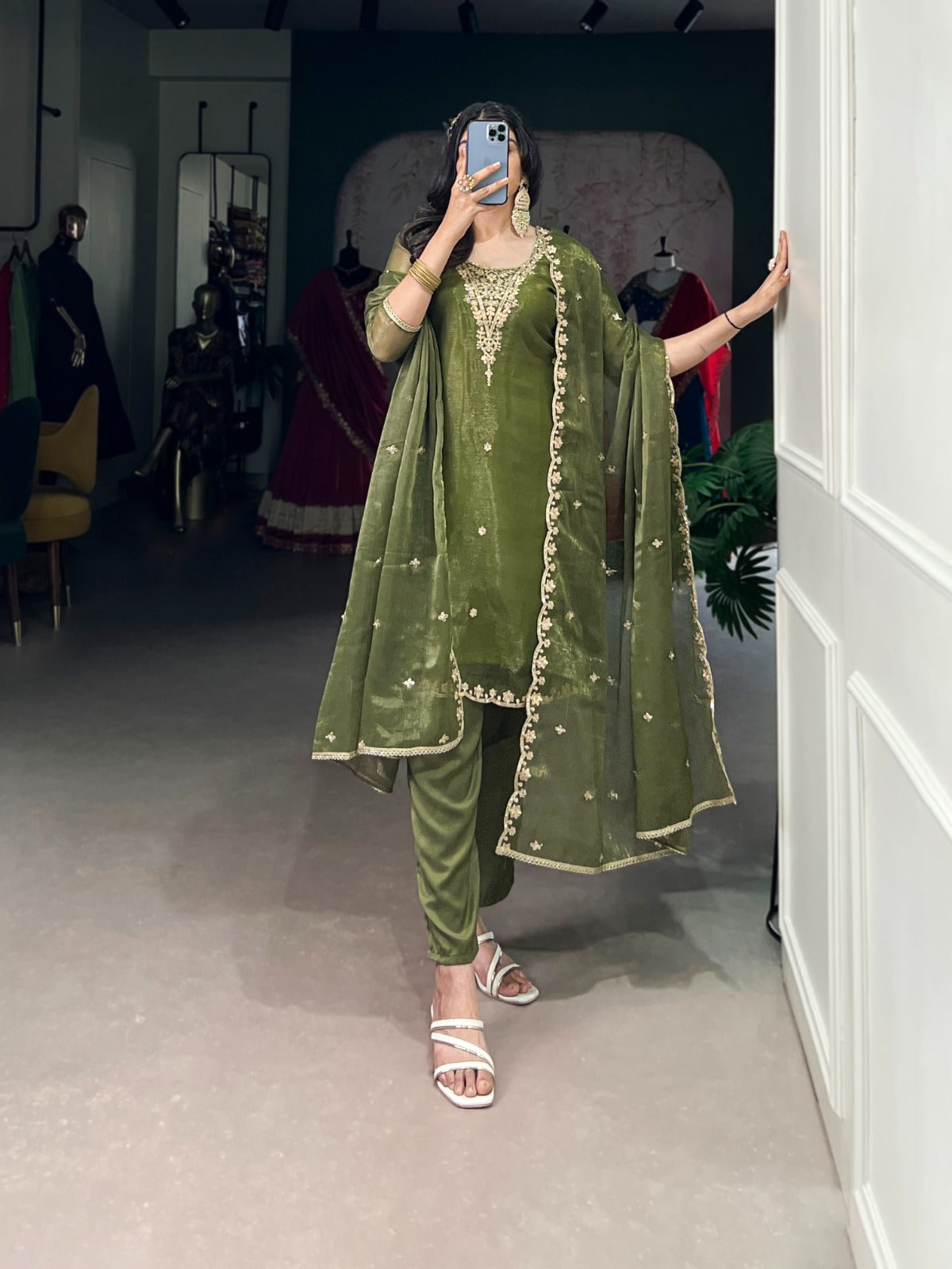 Gold Coin Embroidered Kurti Pant Dupatta Set
