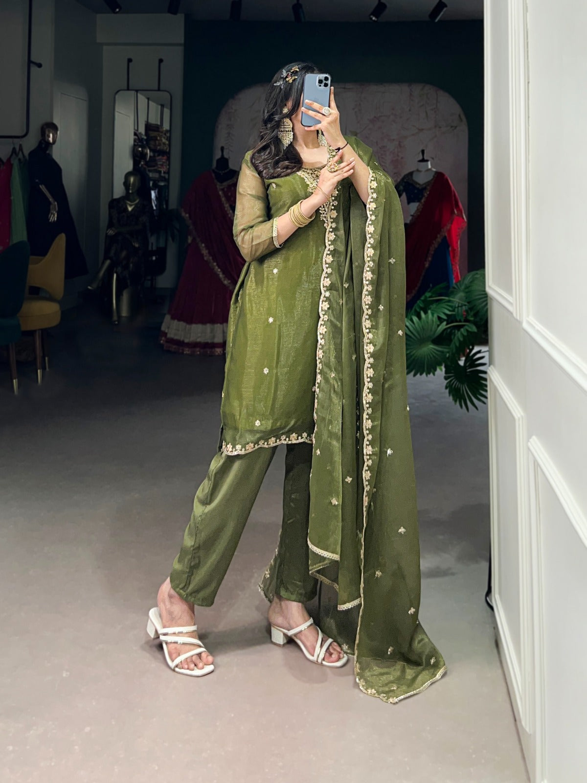 Gold Coin Embroidered Kurti Pant Dupatta Set