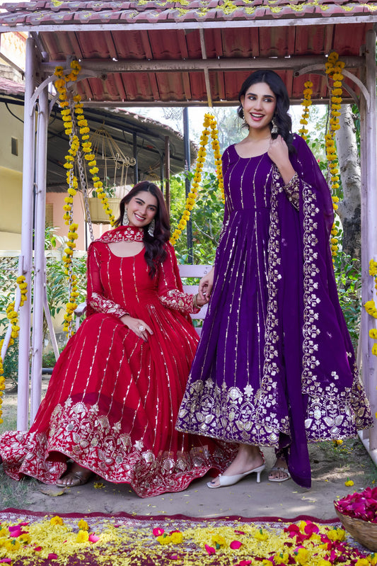 Heavy 5mm Sequins Embroidered Fox Georgette Gown with Dupatta