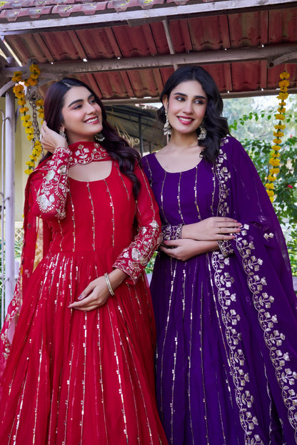 Heavy 5mm Sequins Embroidered Fox Georgette Gown with Dupatta
