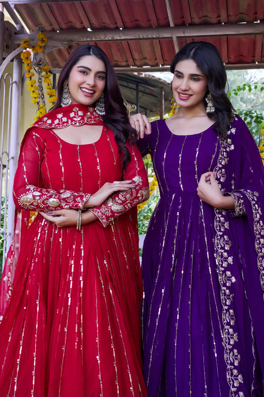 Heavy 5mm Sequins Embroidered Fox Georgette Gown with Dupatta