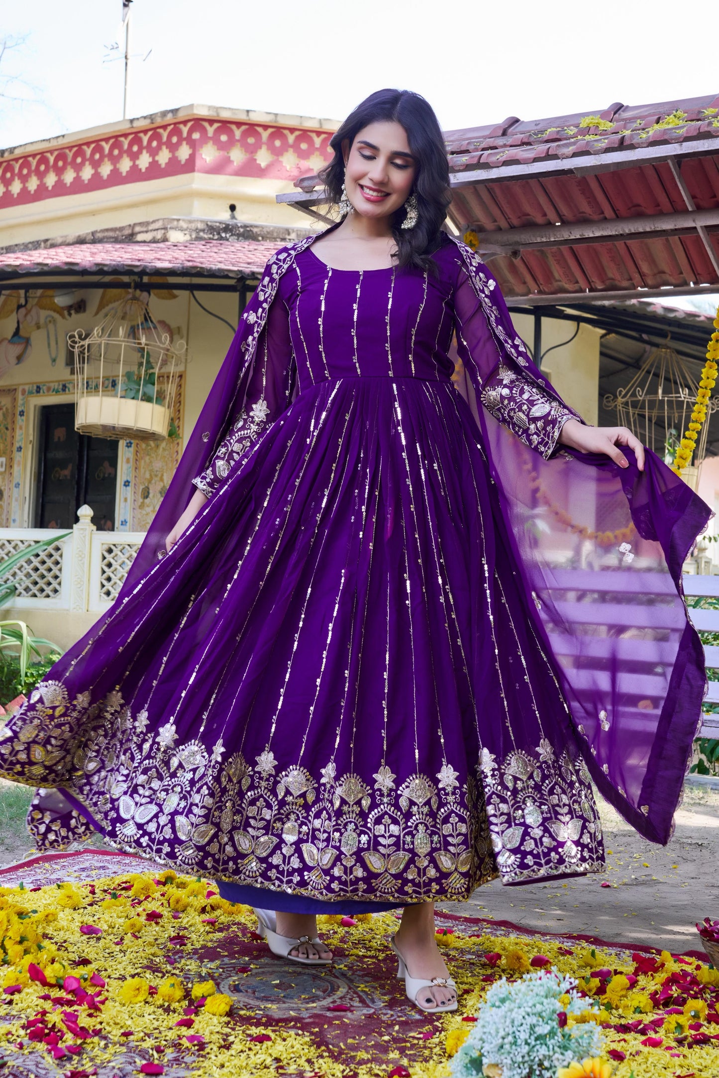 Heavy 5mm Sequins Embroidered Fox Georgette Gown with Dupatta