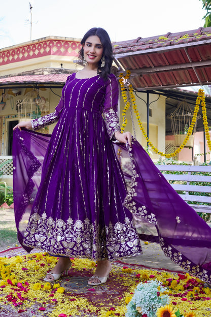 Heavy 5mm Sequins Embroidered Fox Georgette Gown with Dupatta
