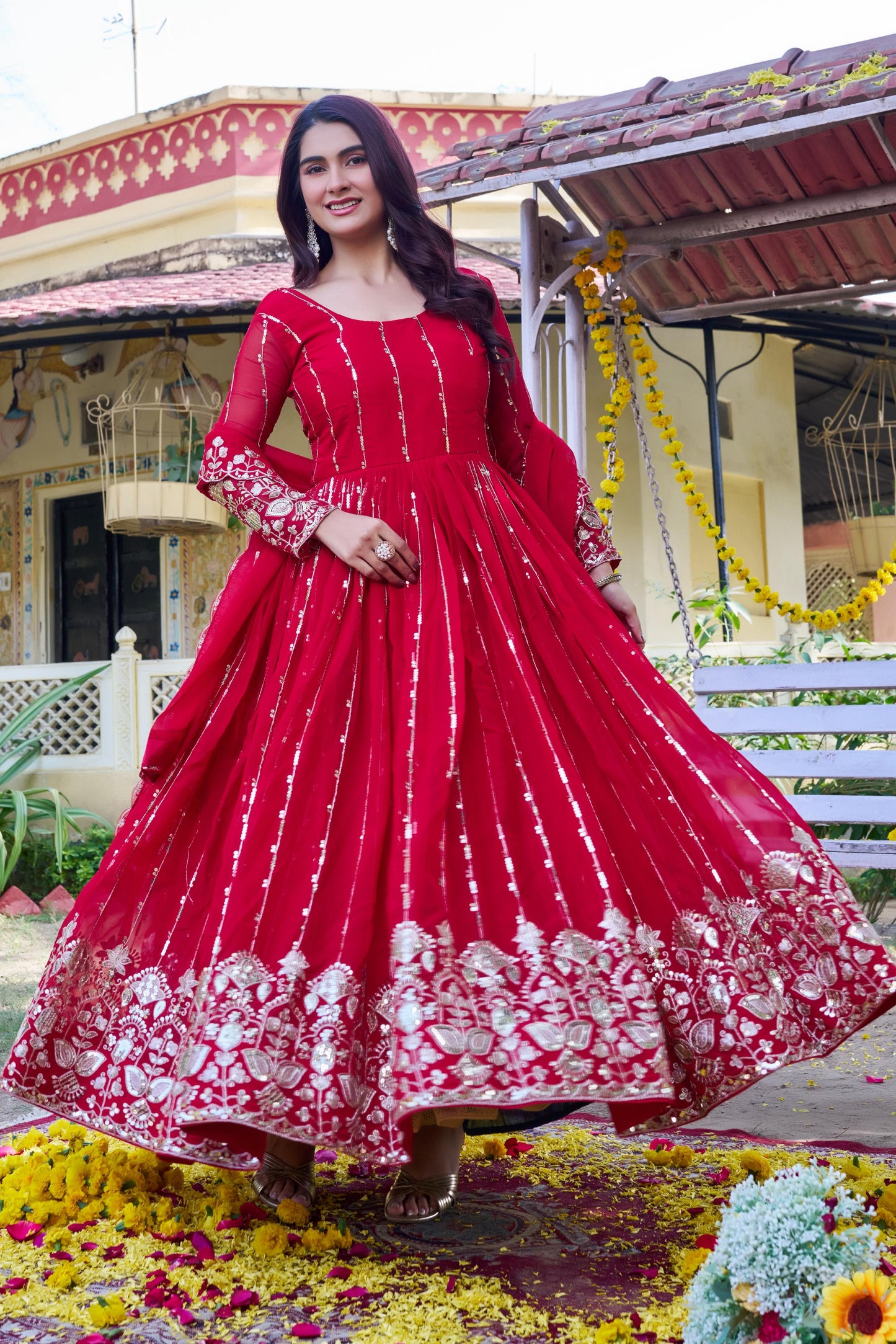 Heavy 5mm Sequins Embroidered Fox Georgette Gown with Dupatta