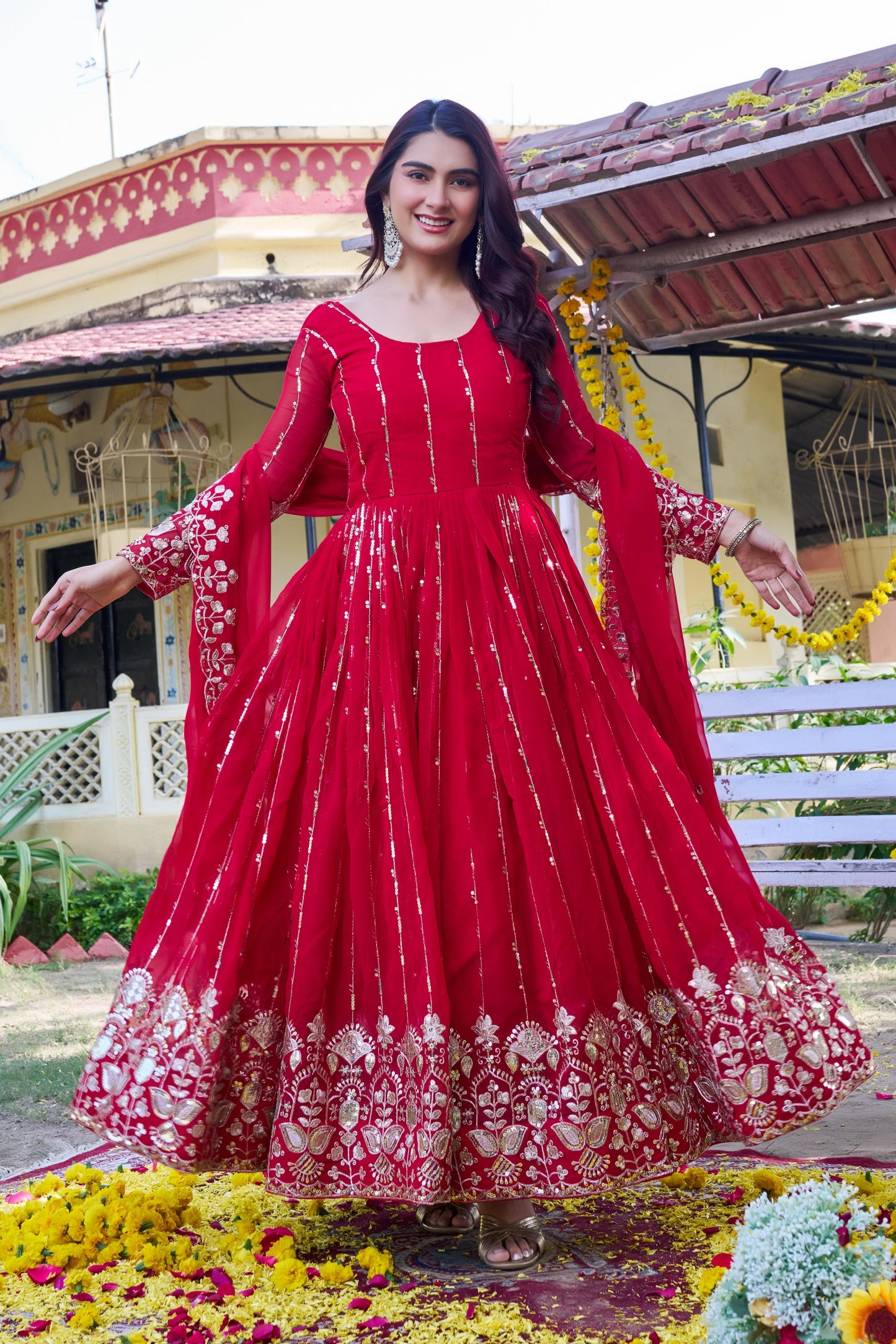 Heavy 5mm Sequins Embroidered Fox Georgette Gown with Dupatta