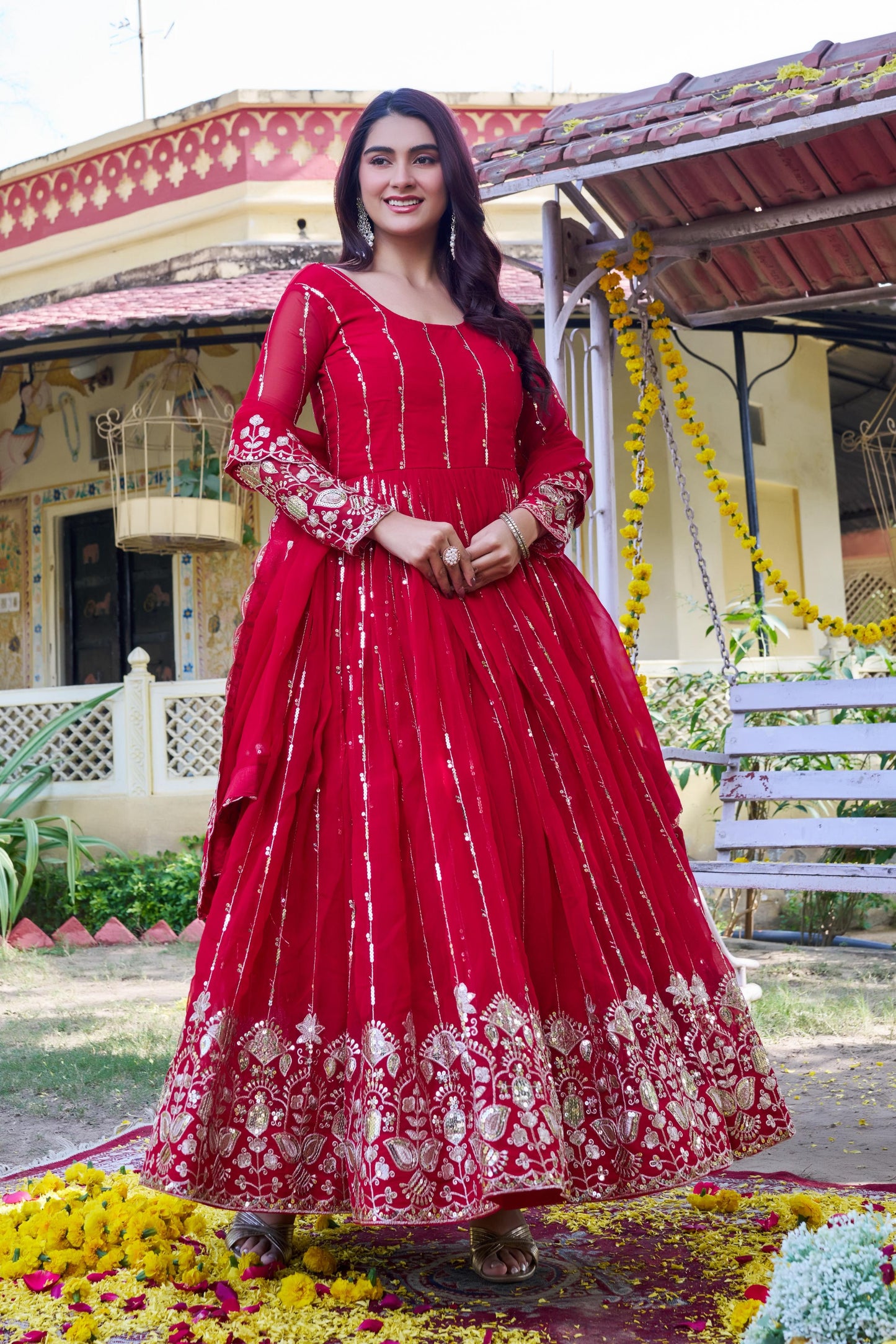 Heavy 5mm Sequins Embroidered Fox Georgette Gown with Dupatta