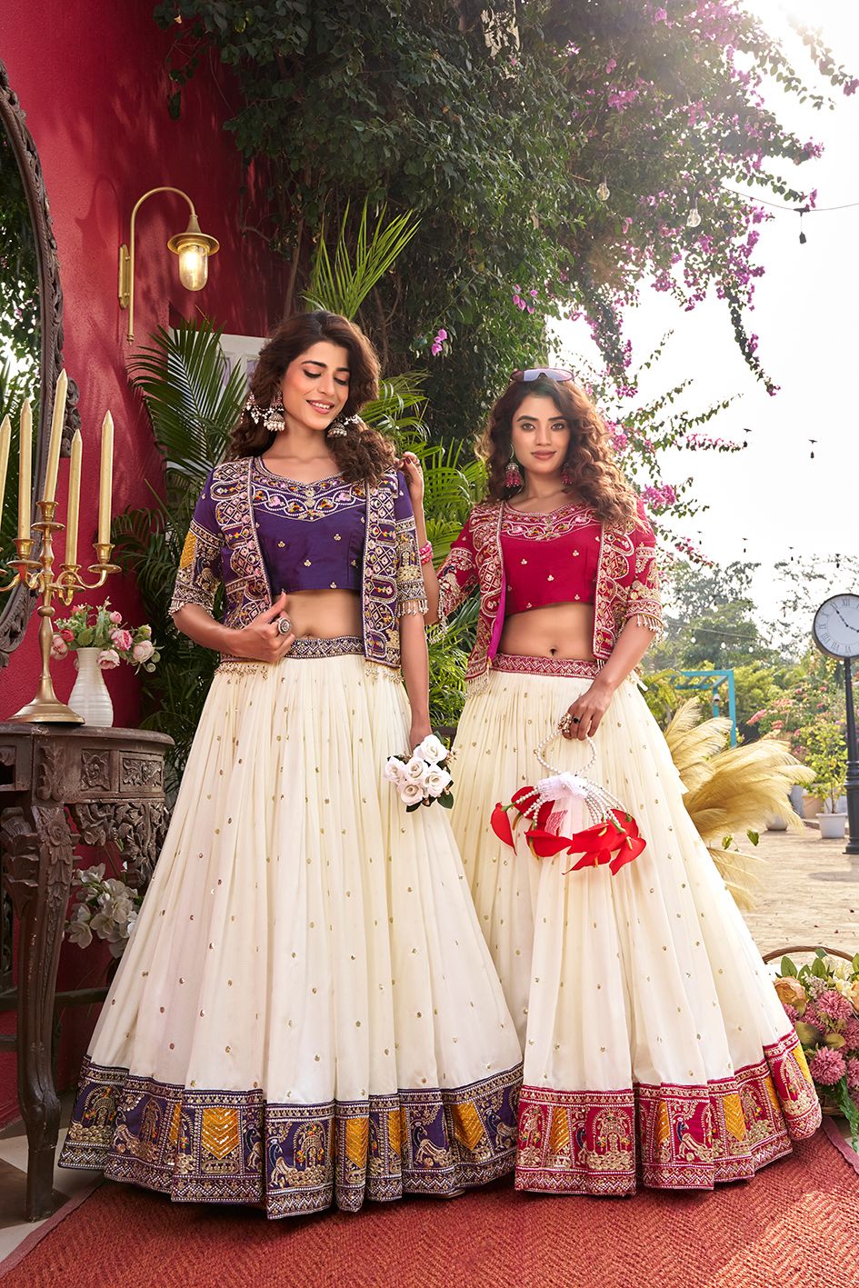 Pure Vichitra Lehenga Choli Set with Koti – Heavy Thread Embroidery Work