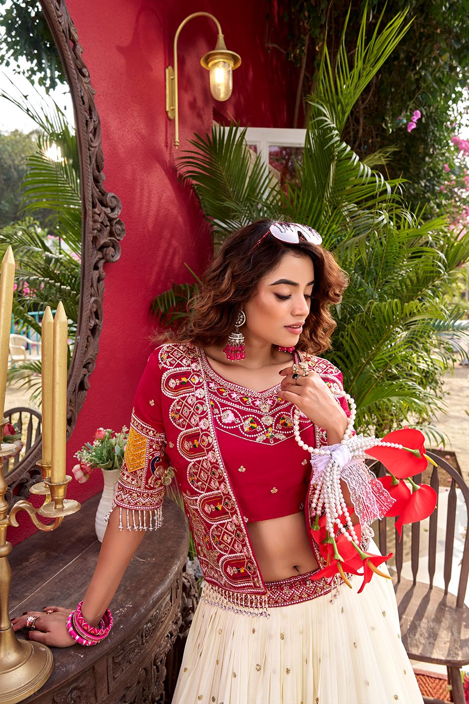 Pure Vichitra Lehenga Choli Set with Koti – Heavy Thread Embroidery Work