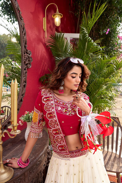 Pure Vichitra Lehenga Choli Set with Koti – Heavy Thread Embroidery Work