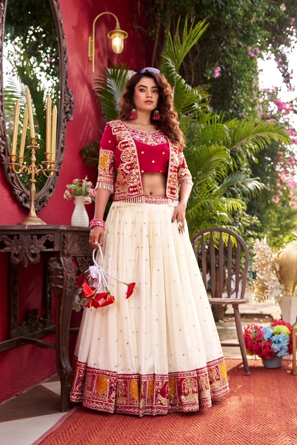 Pure Vichitra Lehenga Choli Set with Koti – Heavy Thread Embroidery Work