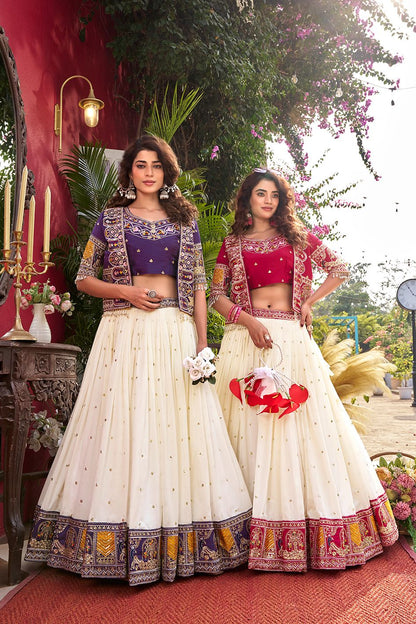 Pure Vichitra Lehenga Choli Set with Koti – Heavy Thread Embroidery Work