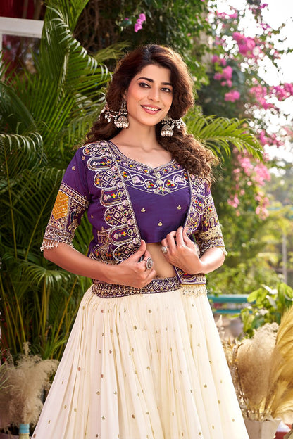Pure Vichitra Lehenga Choli Set with Koti – Heavy Thread Embroidery Work