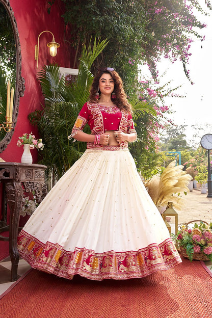 Pure Vichitra Lehenga Choli Set with Koti – Heavy Thread Embroidery Work
