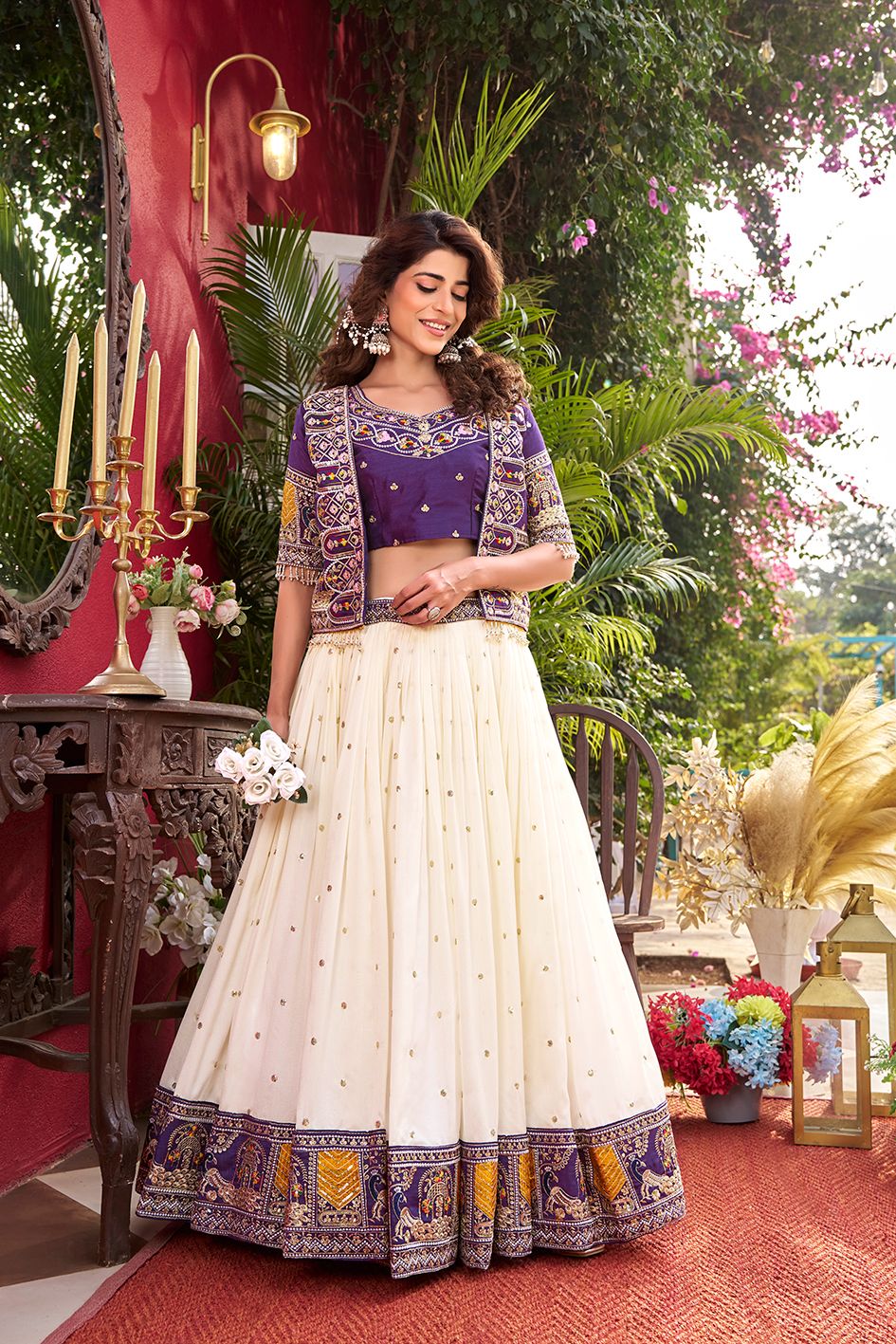Pure Vichitra Lehenga Choli Set with Koti – Heavy Thread Embroidery Work