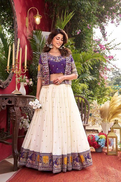 Pure Vichitra Lehenga Choli Set with Koti – Heavy Thread Embroidery Work