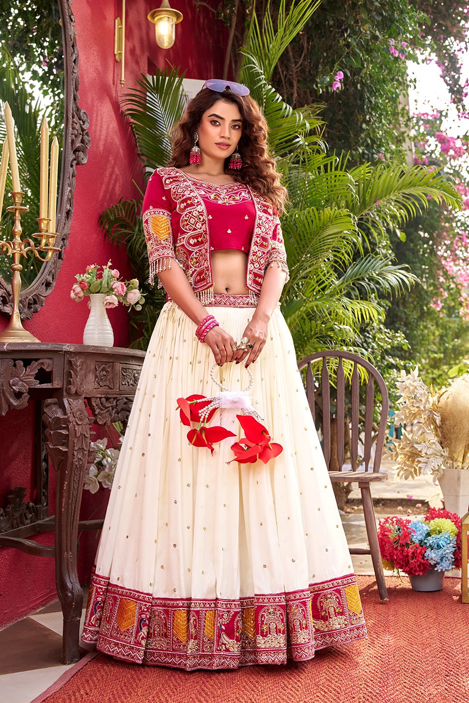 Pure Vichitra Lehenga Choli Set with Koti – Heavy Thread Embroidery Work