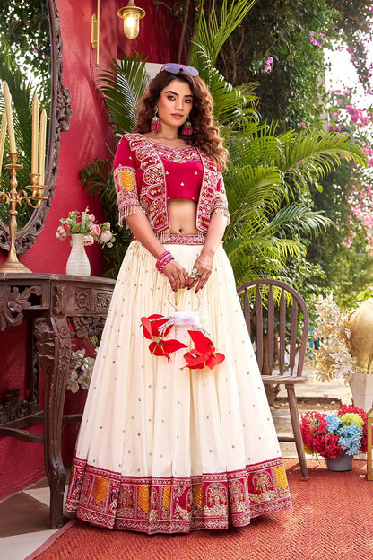 Pure Vichitra Lehenga Choli Set with Koti – Heavy Thread Embroidery Work