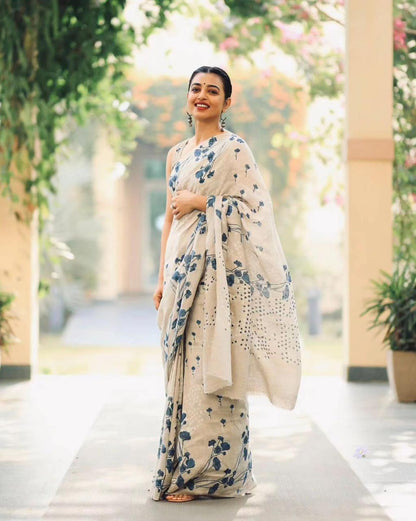 White Designer Printed Linen Saree