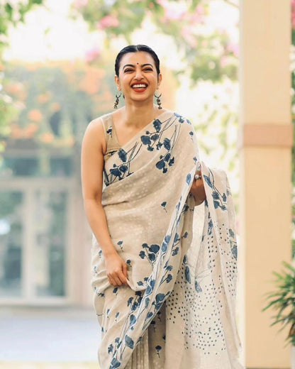 White Designer Printed Linen Saree