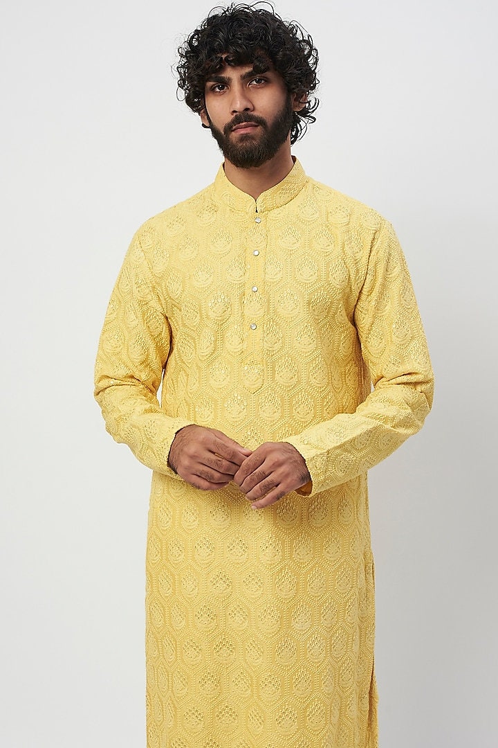 Mens Chikankari Kurta Pyjama Set: Dola Silk Indian Wedding Outfit