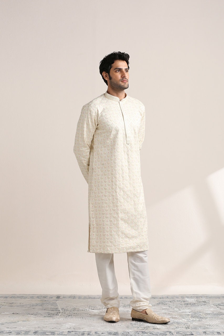 Handmade Off White Tusser Silk Kurta Churidar Set: Indian Wedding Wear