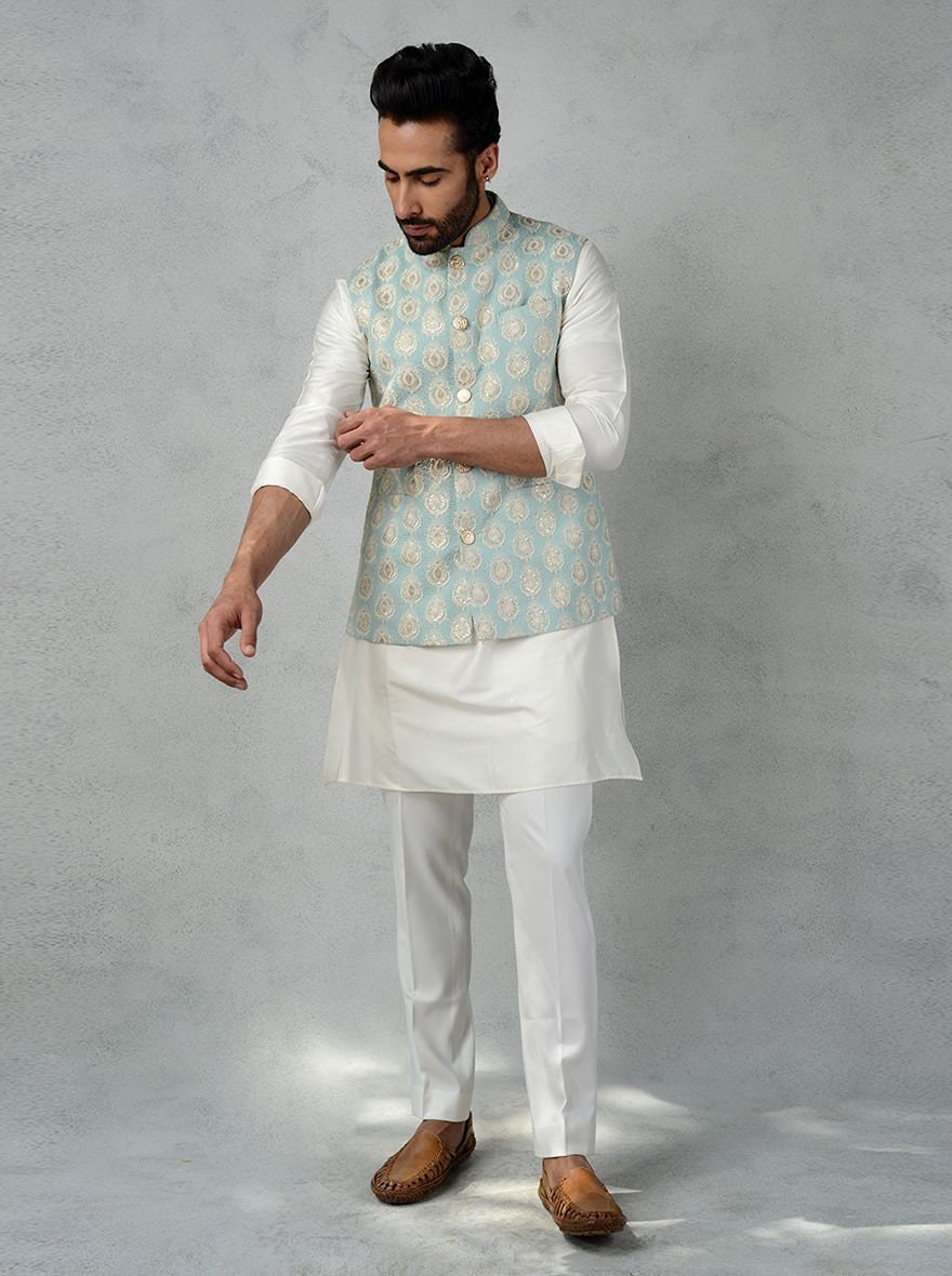 Mens Handmade Embroidered Waistcoat Set: Cotton Kurta Pajama