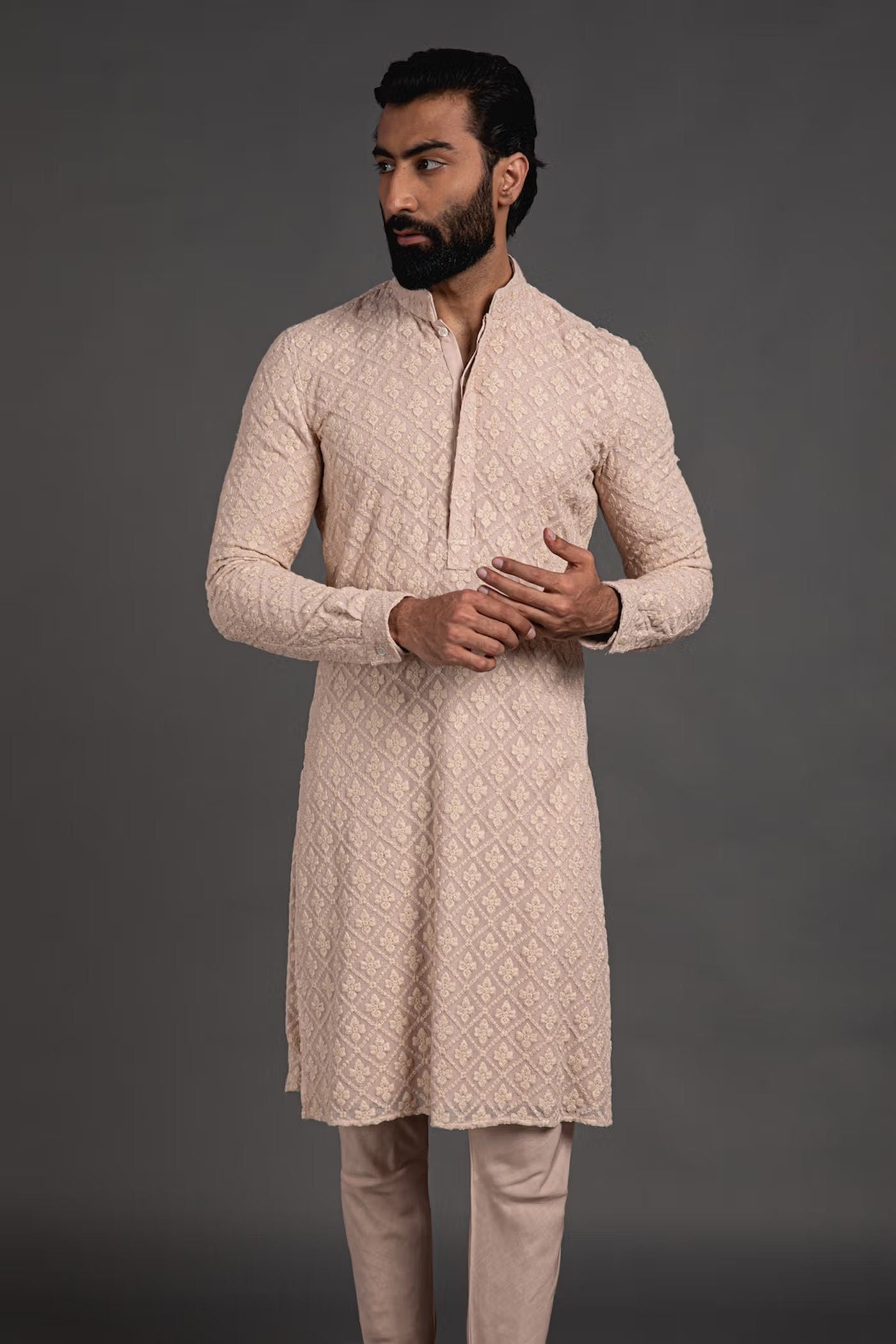 Mens Beige Chikankari Kurta Pajama Set: Indian Wedding Outfit