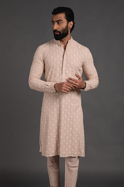 Mens Beige Chikankari Kurta Pajama Set: Indian Wedding Outfit